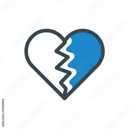 Illustration of a broken heart with one half white and the other half blue color filled