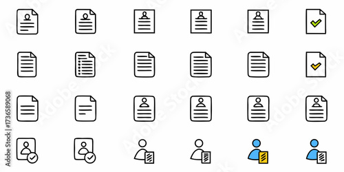 Versatile set of hand-drawn documents and profile icons for web design, apps, presentations, perfect for illustrating business processes, user profiles, and form submissions
