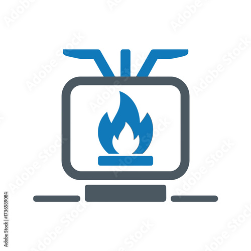 Illustration of a blue flame burning inside a gray portable camping gas stove burner