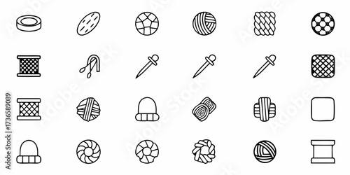 Creative crafting icons for design projects, including knitting needles, yarn balls, and sewing bobbins, perfect for websites and social media content