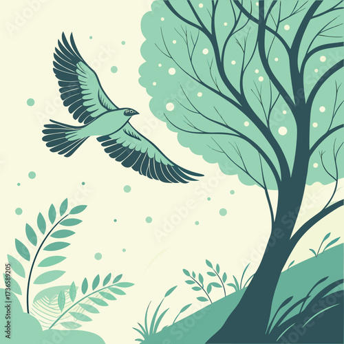 Stylized bird flying near a tree with leaves nature