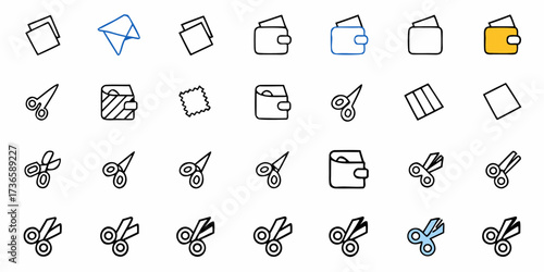 Crafting icons with wallets, scissors, and paper airplane for modern design projects, perfect for financial, travel, or creative themes in scalable vector graphics
