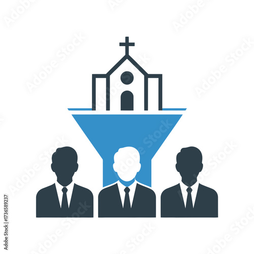 Illustration of a church above a funnel with three people below it in silhouette