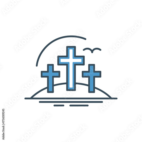 Three crosses on a hill with a bird flying overhead in a simple line art style design