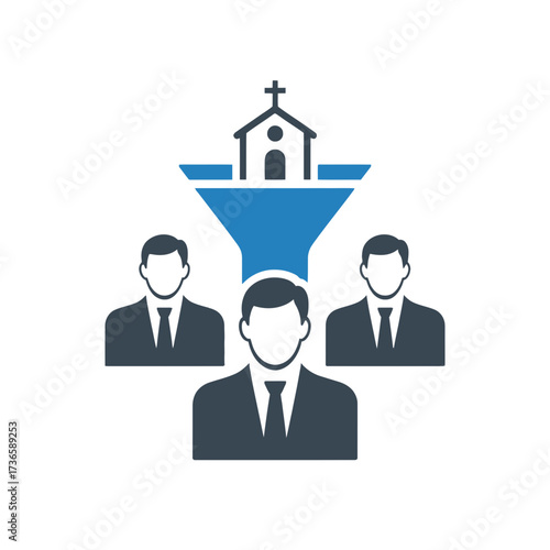 Church funnel converting people in suits into a unified group representation icon