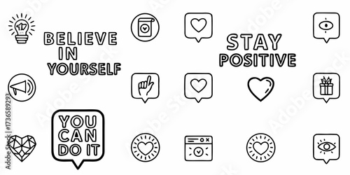 Inspiring doodle art promoting positive vibes, encouragement and self confidence, perfect for social media, blogs, and motivational content, originally scalable graphics