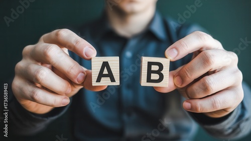 Man's hands hold wooden blocks with letters A and B, symbolizing choice, options, or testing in business and decision-making processes.