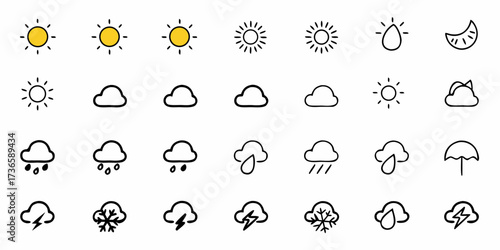 Weather Forecast Icons for App Design, Website Interface, or UI Elements: Sun, Clouds, Rain, Storm, Moon, Showers and More for a Modern Design