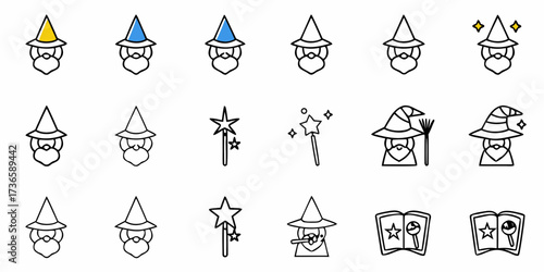 Whimsical wizard icons for magical designs, perfect for fantasy themes, storybooks, and Halloween projects, originally a vector graphic offering scalable options