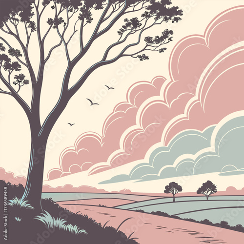 Stylized landscape with tree and rolling hills at sunset