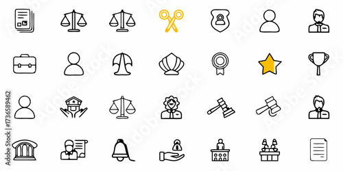 Legal icons collection for justice, law, finance and government, offering versatile symbols for legal themes, courtroom processes and official documentation