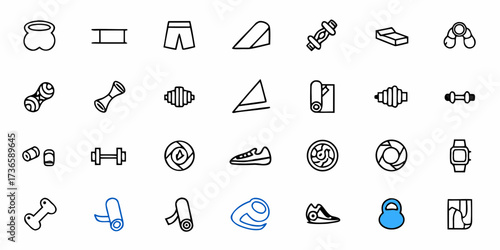 Get Fit Icons for Your Project: Modern Fitness Equipment and Gear, Perfect for Gyms, Health Blogs, and Workout Apps; Ready to Elevate Your Design with Style