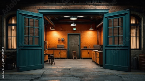 Open industrial doors revealing a workshop interior