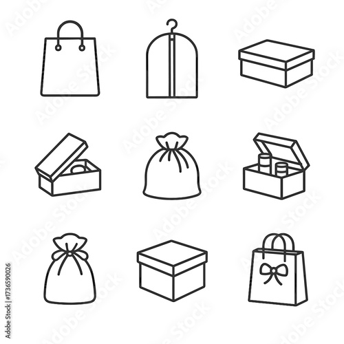Set fashion shoebox boutique icon bag box vector shopping ribboned garment wrap