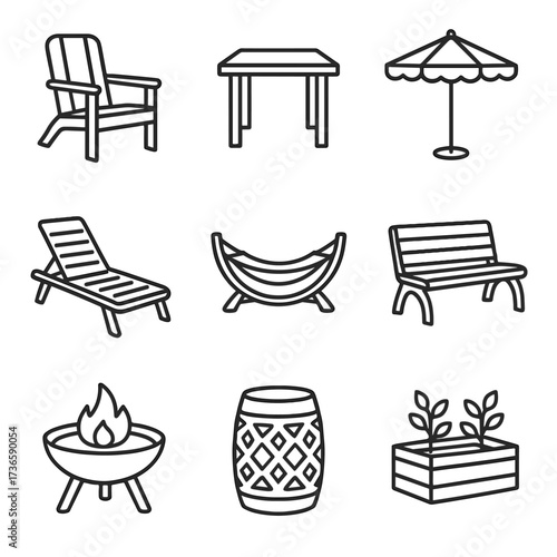 Pit vector umbrella fire hammock patio furniture icons garden bench icon outdoor
