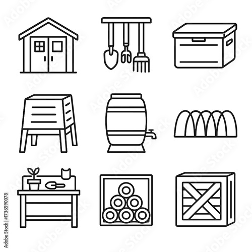Rack icons shed compost bench outdoor rain garden storage vector bin icon