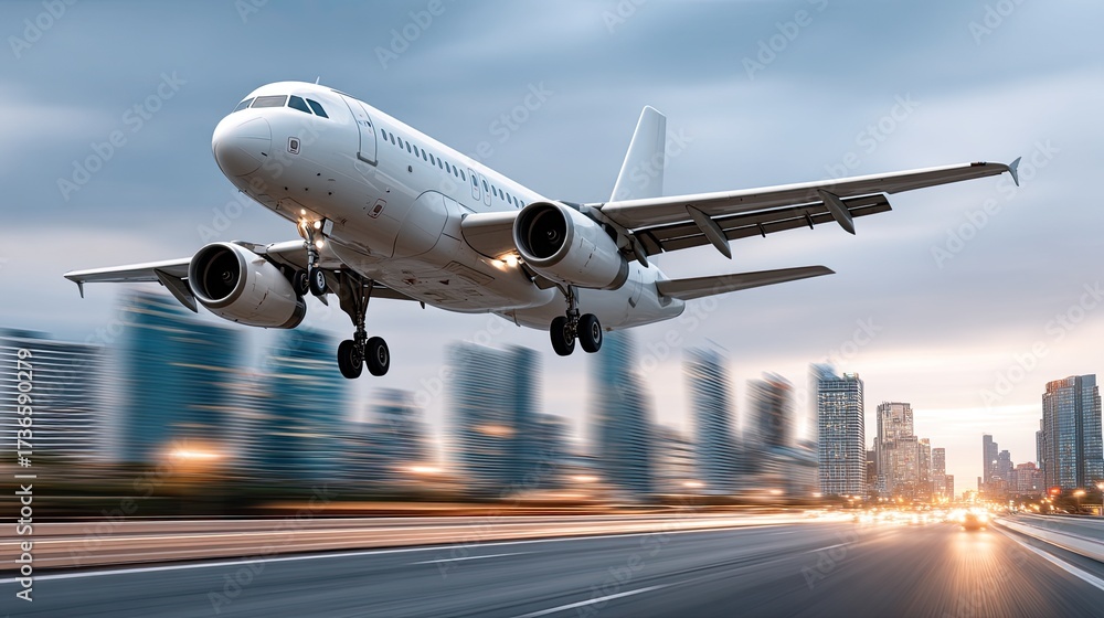 Naklejka premium An airplane descends toward the runway as twilight sets in, city lights sparkling against the evening sky
