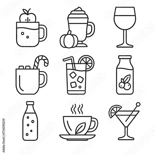 Thanksgiving cranberry cider apple hot drink glass cocktail vector icons lemonade wine