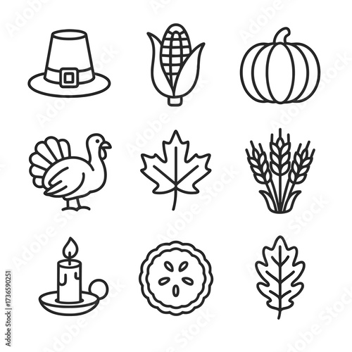 Grid symbols icon pumpkin sheaf candle thanksgiving corn vector hat autumn pie