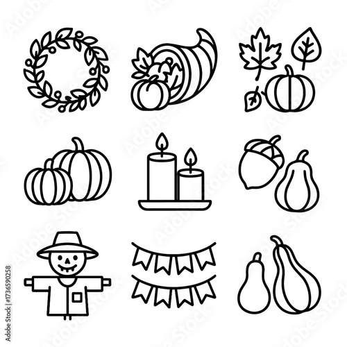 Set thanksgiving candles autumn vector harvest icon acorns gourds wreath pumpkins cornucopia