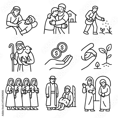 Icon son samaritan sower grid seed lazarus parable vector seeds pharisee sheep