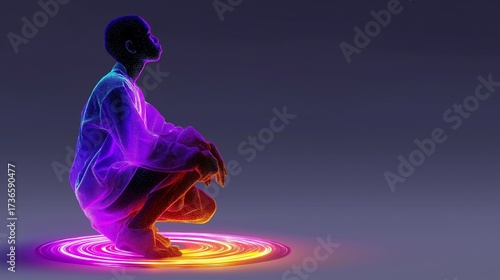 A person composed of glowing particles in a crouching pose on a circular light platform