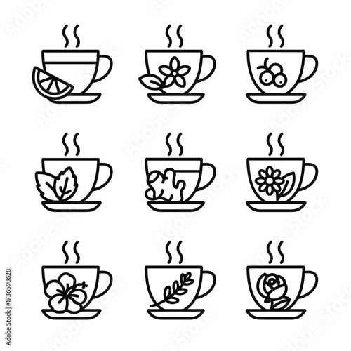 Vector hibiscus berry flavored mint tea jasmine icons lavender icon ginger chamomile
