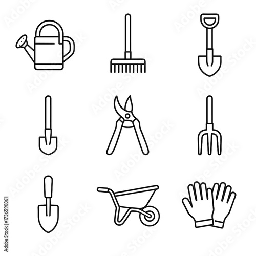 Icons trowel rake can vector gloves wheelbarrow garden pruning shears icon tools