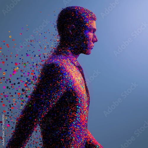 Man dissolving into colorful digital particles against a gradient blue background