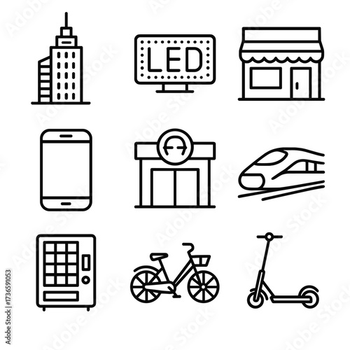Convenience modern vector bicycle led chinese smartphone skyscraper icon scooter station life
