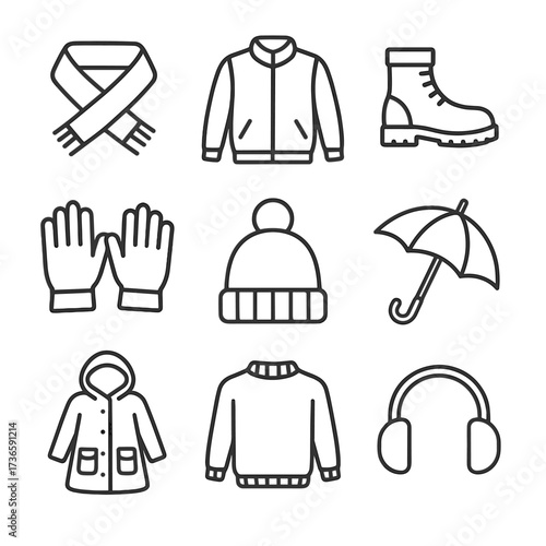 Vector hat gloves jacket clothing raincoat umbrella earmuffs autumn scarf icon boots