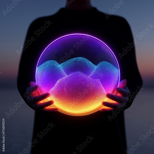 Person holding a glowing orb displaying a topographic map with vibrant neon gradient colors