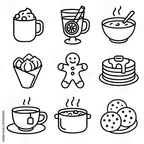 Soup pancakes food tea hot icon mulled icons gingerbread winter vector chestnuts