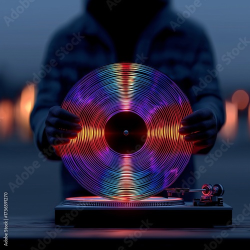 Person holding illuminated vinyl record over turntable vibrant colors blurred background