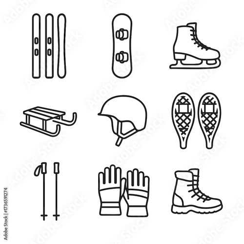 Icon skis winter icons snowshoes skates snow sled sports boots vector snowboard
