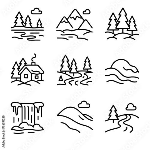 Forest frozen waterfall vector lake landscape winter icons cabin river icon snowdrift