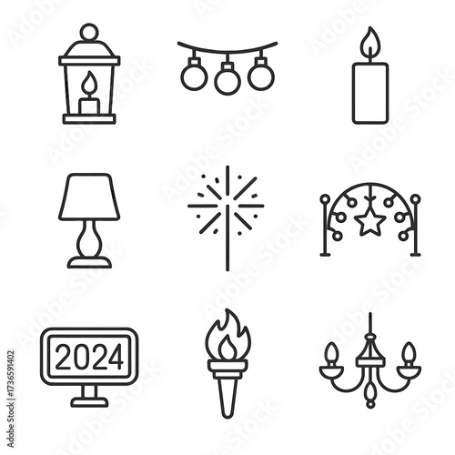 Candle sparkler light year sign vector chandelier string icon street lamp torch