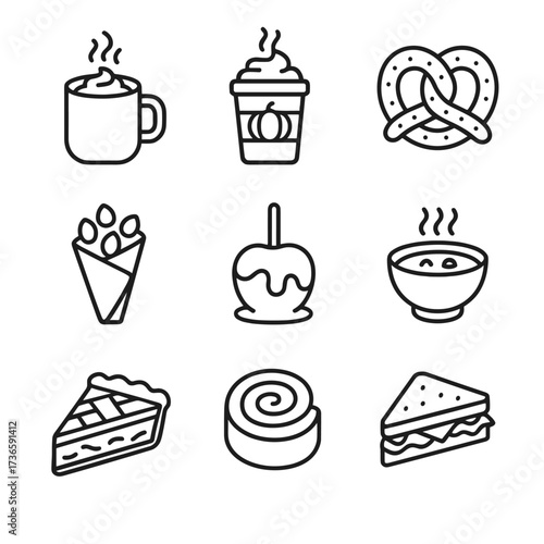 Pretzel nuts street food hot vector latte soup autumn icon pie cinnamon