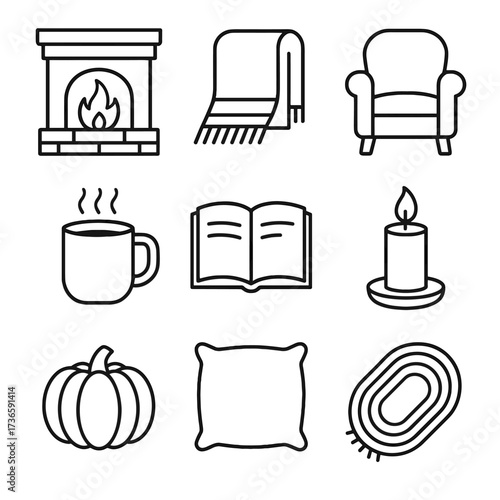Autumn pillow pumpkin vector armchair icon book rug mug fireplace cozy blanket