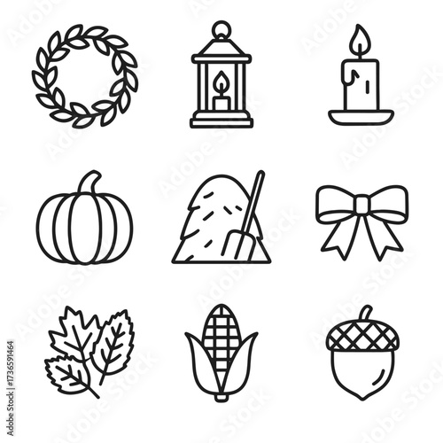 Vector leaves icons haystack icon corn grid lantern autumn pumpkin wreath candle