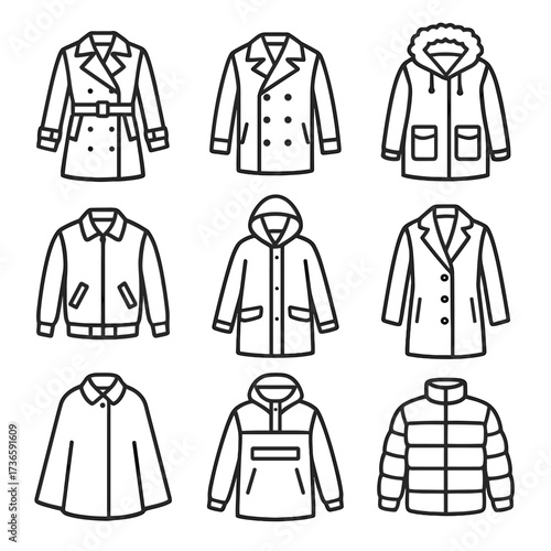 Coat parka autumn icon raincoat anorak pea vector jacket wool trench icons