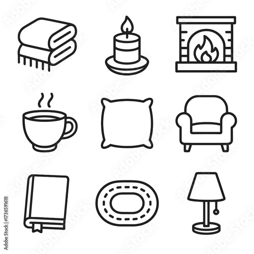 Fireplace candle vector cozy winter icons blanket rug icon lamp armchair pillow