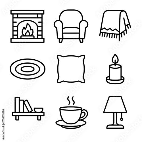 Icon icons rug pillow armchair bookshelf candle teacup lamp cozy fireplace vector