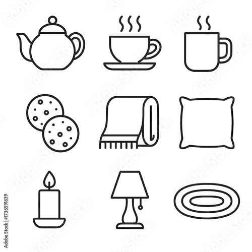 Blanket cozy pillow icons vector lamp cookies icon candle evening teapot teacup