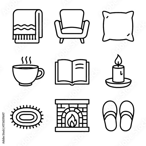 Pillow icons winter tea rug vector cozy slippers book icon candle cup