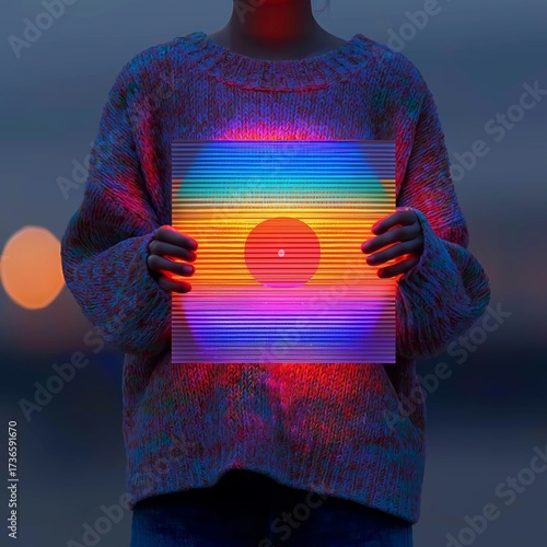 Person holding a colorful glowing vinyl record with horizontal lines and a central red circle