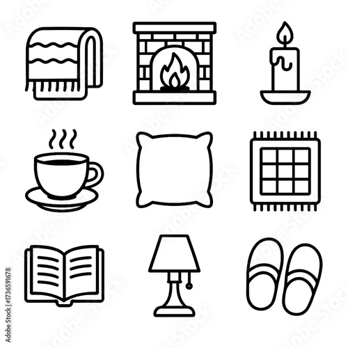 Hot icon fireplace icons rug blanket vector pillow cozy winter slippers candle