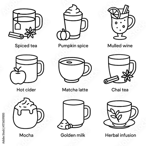 Mocha golden vector icon autumn drinks herbal milk mulled infusion tea icons