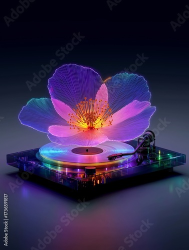 A neon flower glows above a glowing vinyl record on a turntable music abstract