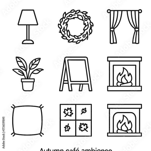 Autumn fireplace vector light icon rug indoor icons leaves cushion caf window